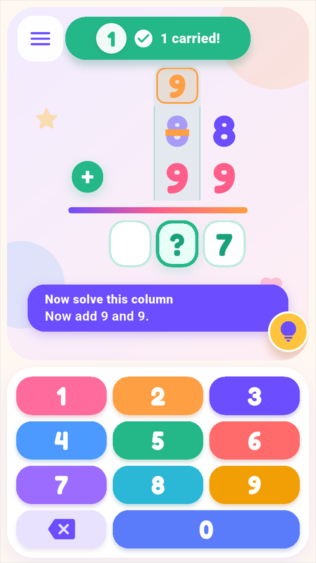 A guided column addition exercise showing a carried number