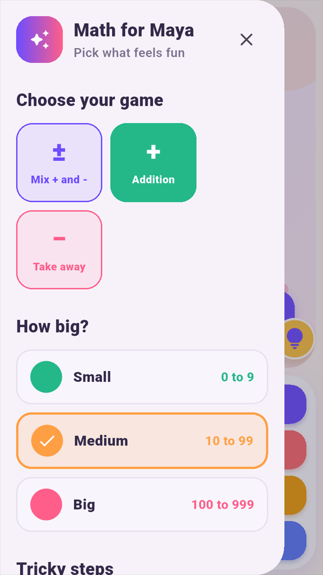 Game settings for choosing addition, subtraction and number size