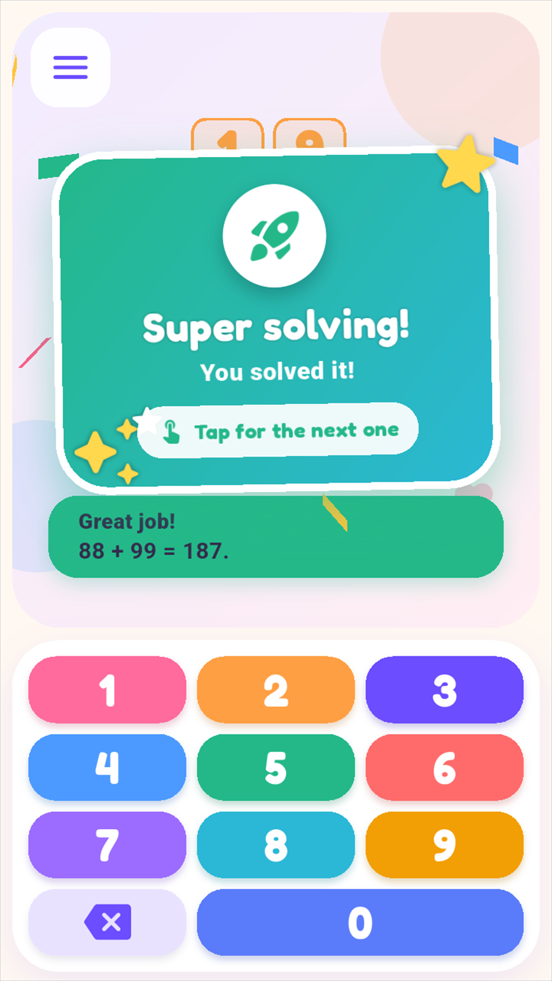 A colourful success message after solving a maths problem